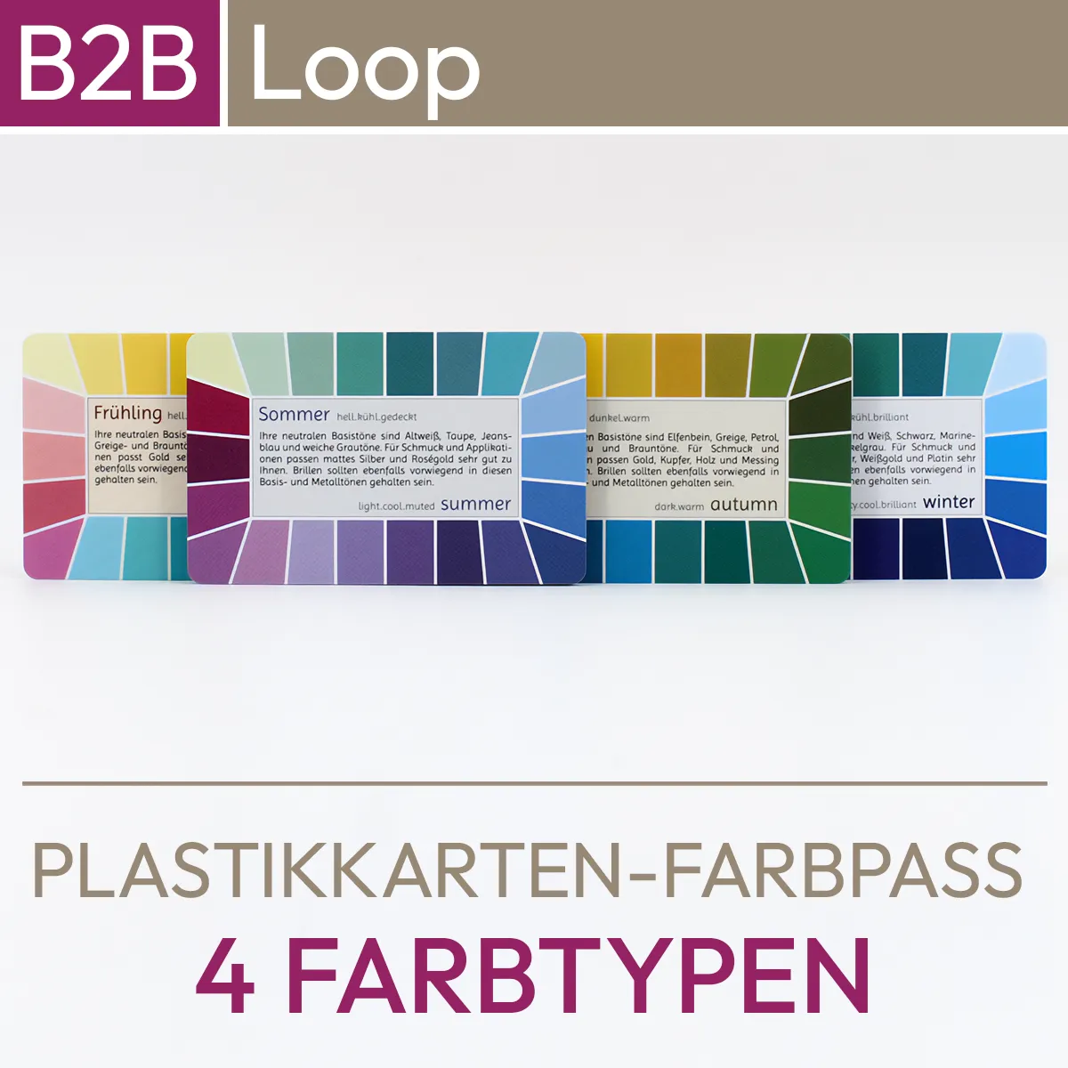 Textinfos zum 4-Farbtypen-System der Serie Loop folgenden Inhalts: Angebot für Gewerbekunden, freie Farbtypauswahl, Mengenrabatte, Eindruck möglich. Produkt aus dem komood.shop.