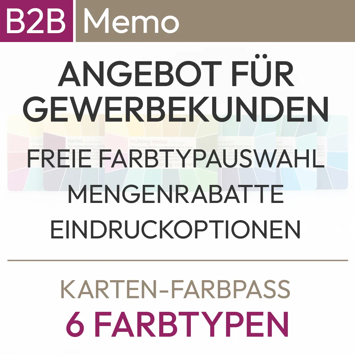 Informations textuelles sur le système à 6 types de couleurs de la série Memo : Offre pour les clients professionnels, libre choix du type de couleur, rabais de quantité, options d'impression. Produit de komood.shop.