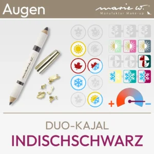 Immagine del prodotto per l'eyeliner duo nero indiano del marchio marie w. costituita da un'immagine del prodotto e da una panoramica dei simboli komood che mostrano quali tipi di colore del sistema a 10 e 12 colori questo eyeliner duo si abbina particolarmente bene in termini di colore. Prodotto del komood.shop.