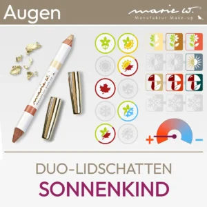 L'immagine del prodotto per l'ombretto duo Sonnenkind del marchio marie w. consiste in un'immagine del prodotto e in una panoramica dei simboli di komood su quali tipi di colore del sistema a 10 e 12 colori questo ombretto duo si abbina particolarmente bene in termini di colore. Prodotto del komood.shop.