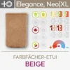 Produktdarstellung für das Farbfächer-Etui Beige für die Farbpässe Elegance, Neo und Neo XL bestehend aus einem Produktbild und einer Übersicht aus Komood-Symbolen, für welche Farbtypen aus dem 10-Farbtypen-System und aus dem 12-Farbtypen-System für dieses Etui besonders gut geeignet sind. Produkt aus dem komood.shop.
