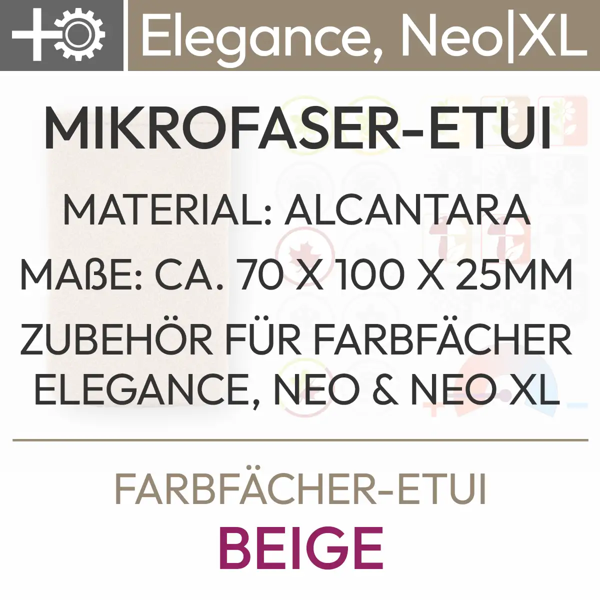 Textinformationen zum Angebot Farbfächer-Etui Beige mit folgendem Inhalt: Mikrofaser-Etui, Material: Alcantara, Maße: ca. 70 x 100 x 25 mm, Zubehör für Farbfächer Elegance, Neo und Neo XL. Produkt aus dem komood.shop.
