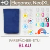 Produktabbildung für das Farbfächer-Etui Blau für die Farbpässe Elegance, Neo und Neo XL bestehend aus einem Produktbild und einer Übersicht aus Komood-Symbolen, welche die passenden Farbtypen aus dem 10-Farbtypen-System und aus dem 12-Farbtypen-System für dieses Etui darstellt. Produkt aus dem komood.shop.