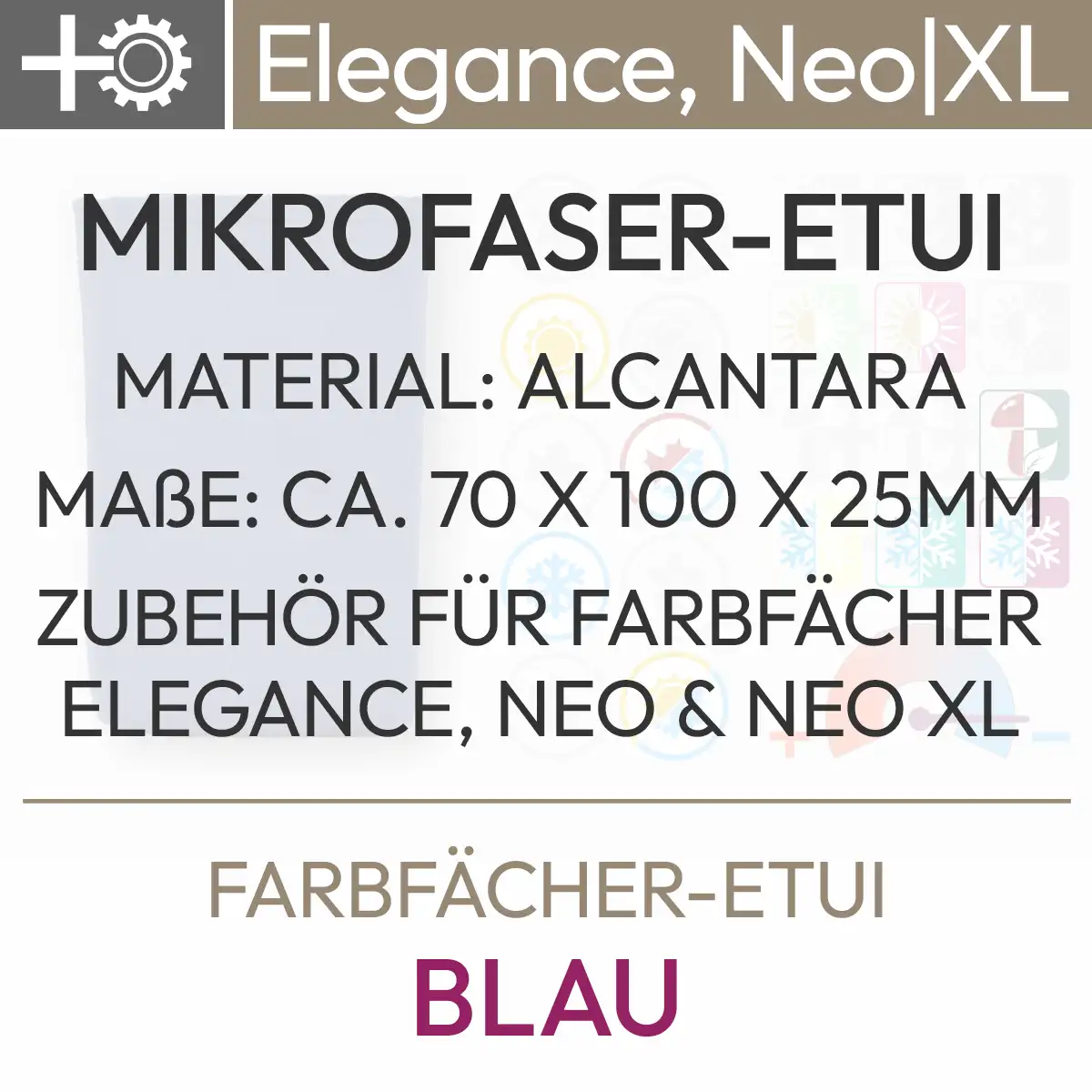 Textinformationen zum Angebot Farbfächer-Etui Blau mit folgendem Inhalt: Mikrofaser-Etui, Material: Alcantara, Maße: ca. 70 x 100 x 25 mm, Zubehör für Farbfächer Elegance, Neo und Neo XL. Produkt aus dem komood.shop.