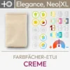 Produktabbildung für das Farbfächer-Etui Creme für die Farbpässe Elegance, Neo und Neo XL bestehend aus einem Produktbild und einer Übersicht aus Komood-Symbolen, für welche Farbtypen aus dem 10-Farbtypen-System und aus dem 12-Farbtypen-System dieses Etui besonders gut geeignet ist. Produkt aus dem komood.shop.