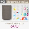 Produktdarstellung für das Farbfächer-Etui Grau für die Farbpässe Elegance, Neo und Neo XL bestehend aus einem Produktbild und einer Übersicht aus Komood-Symbolen, für welche Farbtypen aus dem 10-Farbtypen-System und aus dem 12-Farbtypen-System für dieses Etui besonders gut geeignet sind. Produkt aus dem komood.shop.