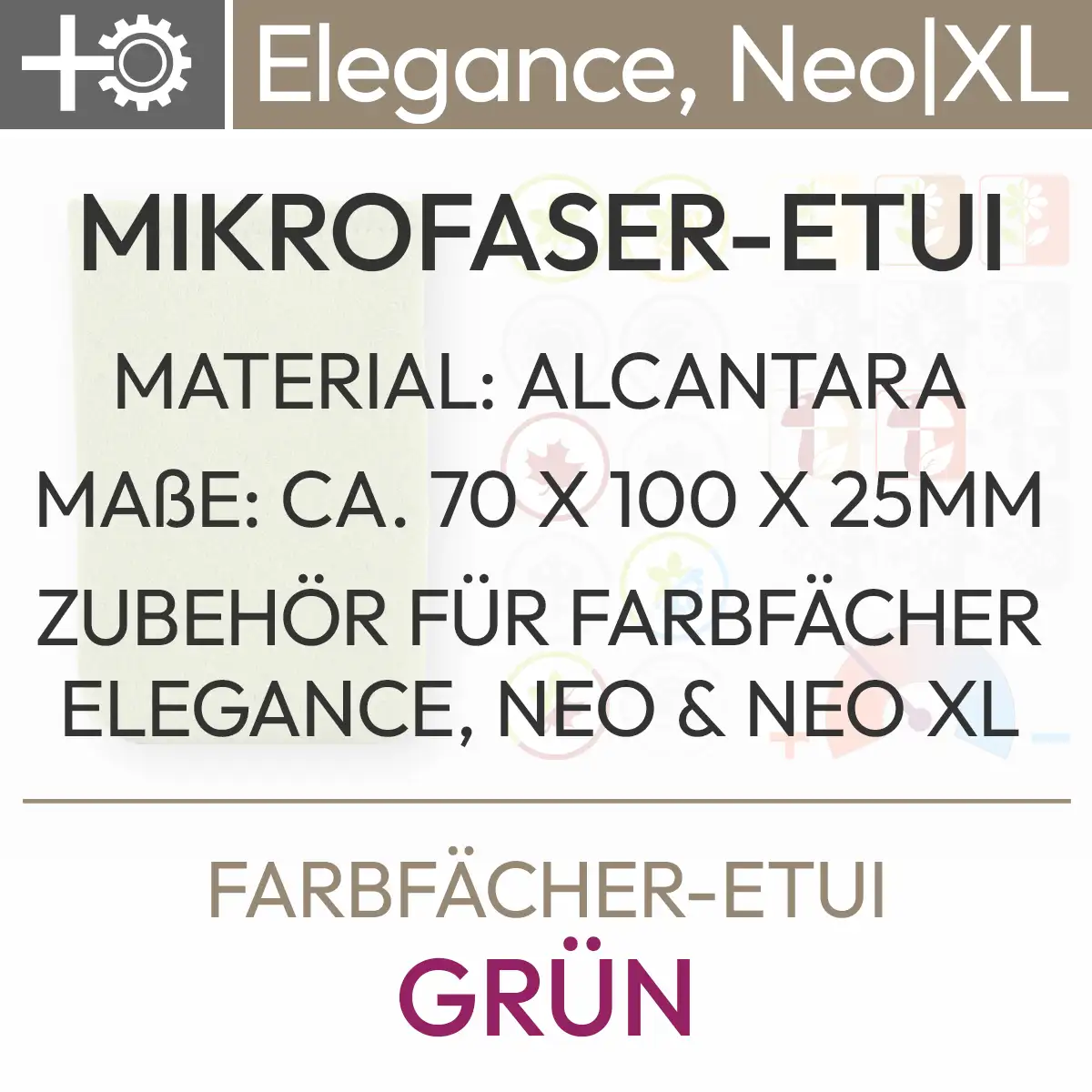 Informazioni testuali per l'offerta Custodia per ventilatore a colori verde con il seguente contenuto: Custodia in microfibra, materiale: Alcantara, dimensioni: circa 70 x 100 x 25 mm, accessorio per i ventilatori a colori Elegance, Neo e Neo XL. Prodotto del komood.shop.