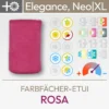 Produktabbildung für das Farbfächer-Etui Rosa für die Farbpässe Elegance, Neo und Neo XL bestehend aus einem Produktbild und einer Übersicht aus Komood-Symbolen, für welche Farbtypen aus dem 10-Farbtypen-System und aus dem 12-Farbtypen-System dieses Etui besonders gut geeignet ist. Produkt aus dem komood.shop.