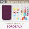 Produktabbildung für das Farbfächer-Etui Bordeaux für die Farbpässe Elegance, Neo und Neo XL bestehend aus einem Produktbild und einer Übersicht aus Komood-Symbolen, welche die passenden Farbtypen aus dem 10-Farbtypen-System und aus dem 12-Farbtypen-System für dieses Etui darstellt. Produkt aus dem komood.shop.