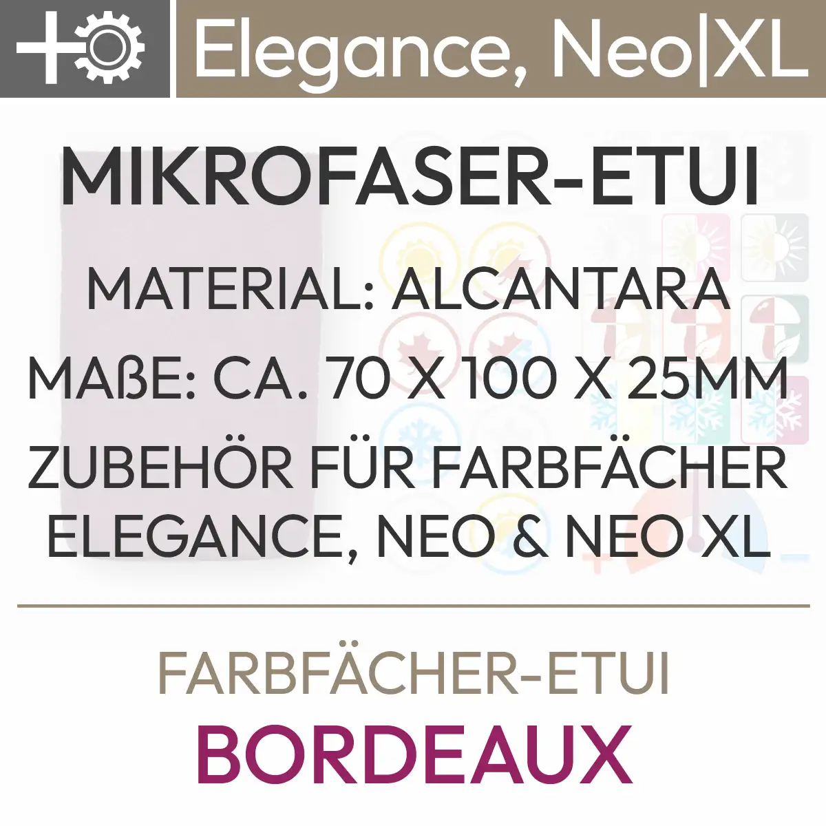 Textinformationen zum Angebot Farbfächer-Etui Bordeaux mit folgendem Inhalt: Mikrofaser-Etui, Material: Alcantara, Maße: ca. 70 x 100 x 25 mm, Zubehör für Farbfächer Elegance, Neo und Neo XL. Produkt aus dem komood.shop.
