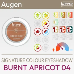 Presentazione del prodotto per l'Ombretto Signature Colour Burnt Apricot 04 di lavera, che consiste in un'immagine del prodotto e in una panoramica dei simboli Komood per quali tipi di colore del sistema di 10 colori e del sistema di 12 colori questo ombretto è particolarmente adatto in termini di colore. Prodotto del komood.shop.