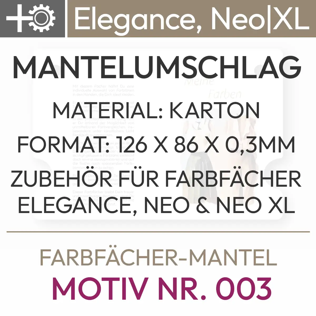 Textinformation für den neutralen Mantelumschlag Nr. 003 für Komood-Farbfächer der Serien Elegance, Neo und Neo XL mit folgendem Inhalt: Mantelumschlag, Matieral: Karton, Format: 126 x 86 x 0,3 mm, Zubehör für Farbfächer Elegance, Neo und Neo XL. Produkt aus dem komood.shop.