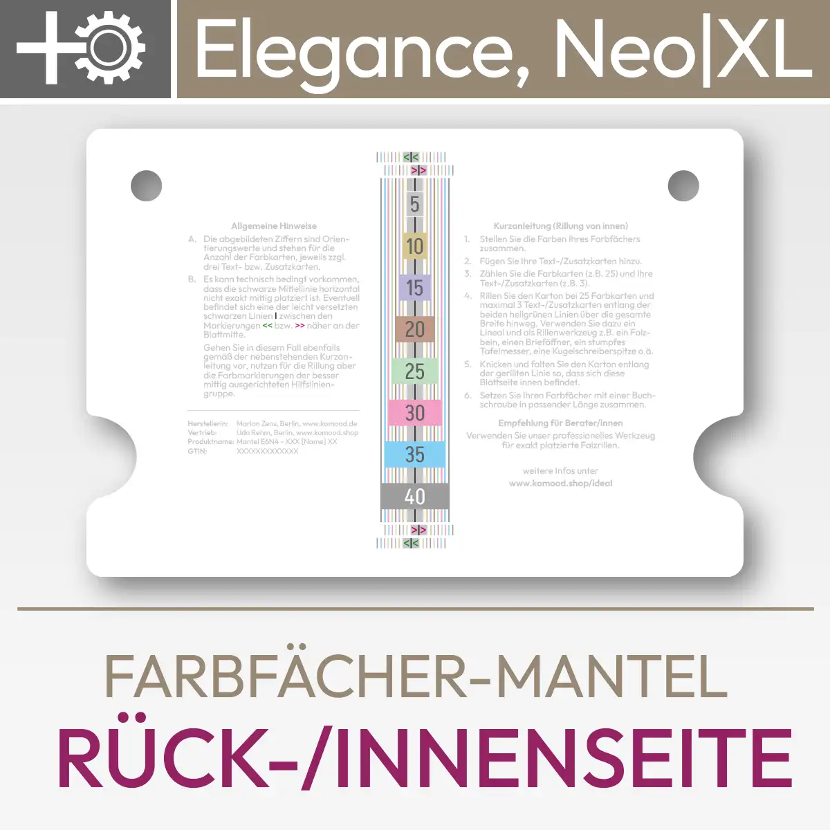 Produktdarstellung Innenseite der neutralen Mantelumschläge für Komood-Farbfächer der Serien Elegance, Neo und Neo XL. Produkt aus dem komood.shop.