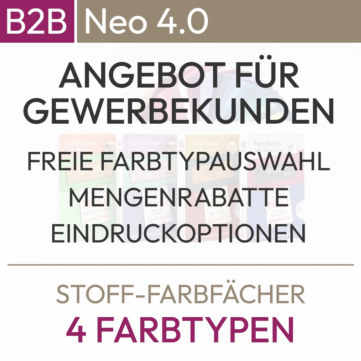 Informations textuelles sur le système de quadrichromie de la série Neo : Offre pour les clients professionnels, libre choix du type de couleur, rabais de quantité, options d'impression. Produit de komood.shop.