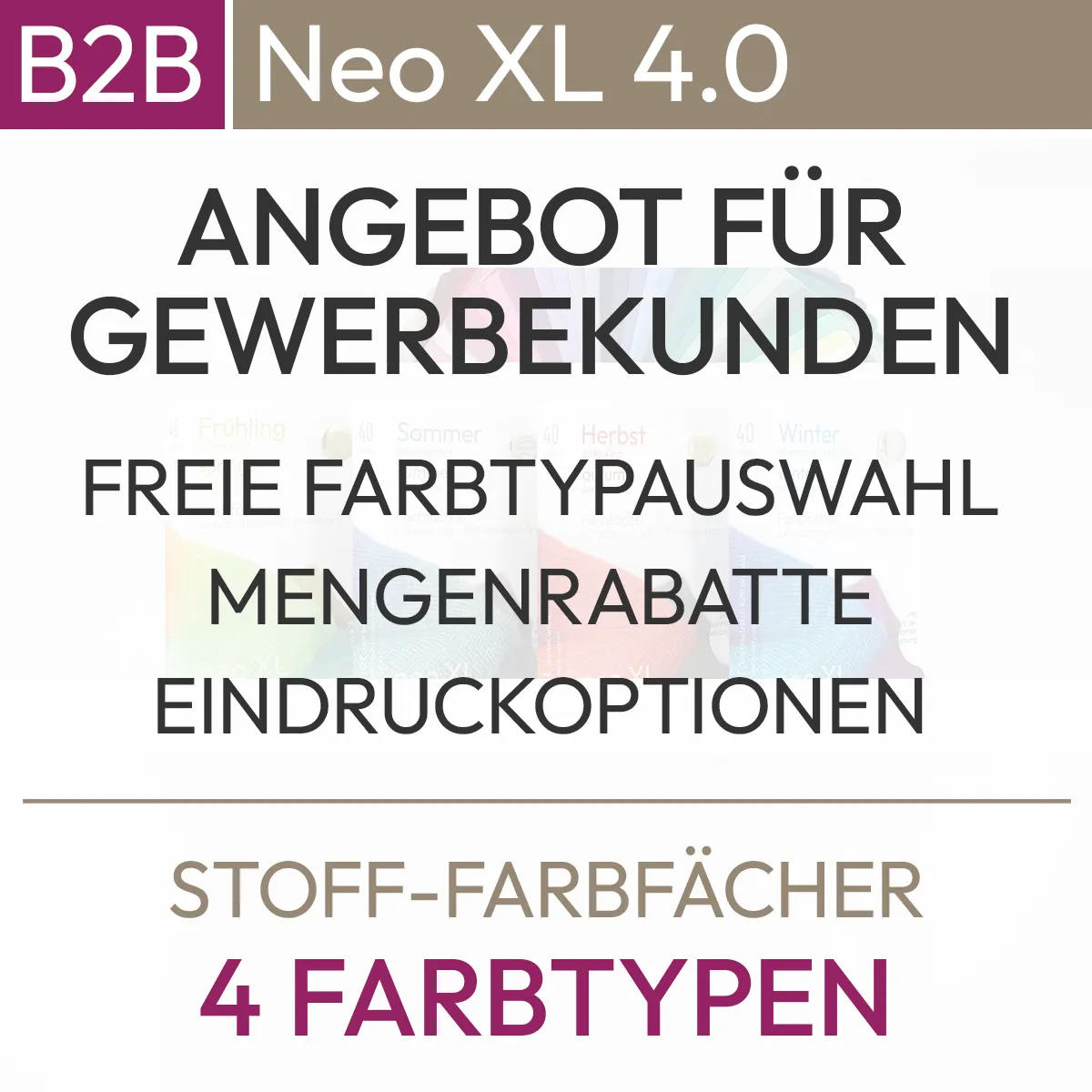Informations textuelles sur le système d'impression quadrichromique de la série Neo XL : Offre pour les clients professionnels, libre choix du type de couleur, rabais de quantité, options d'impression. Produit de komood.shop.