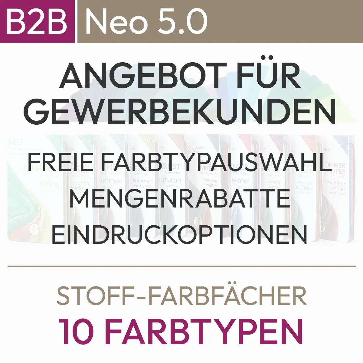 Informations textuelles sur le système à 10 types de couleurs de la série Neo 5.0 : Offre pour les clients professionnels, libre choix du type de couleur, rabais de quantité, options d'impression. Produit issu de komood.shop.