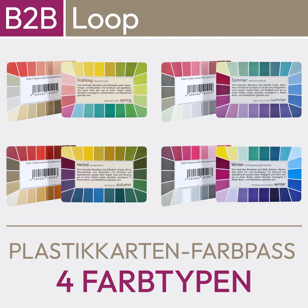 Farbpässe für das 4-Farbtypen-System - stabile Farbkarten der Serie Loop mit 44 Farbfeldern. Produkt aus dem komood.shop