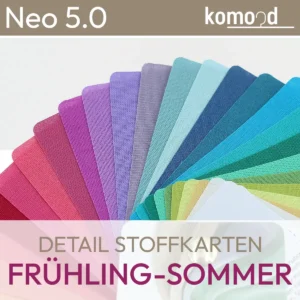 Vue détaillée des cartes de tissus du nuancier de tissus Neo 5.0 printemps-été. komood.shop.