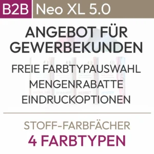 Información textual sobre el sistema de tipos de 4 colores de la serie Neo XL 5.0 con el siguiente contenido: Oferta para clientes comerciales, selección gratuita del tipo de color, descuentos por cantidad, opciones de impresión. Producto de la tienda komood.shop.