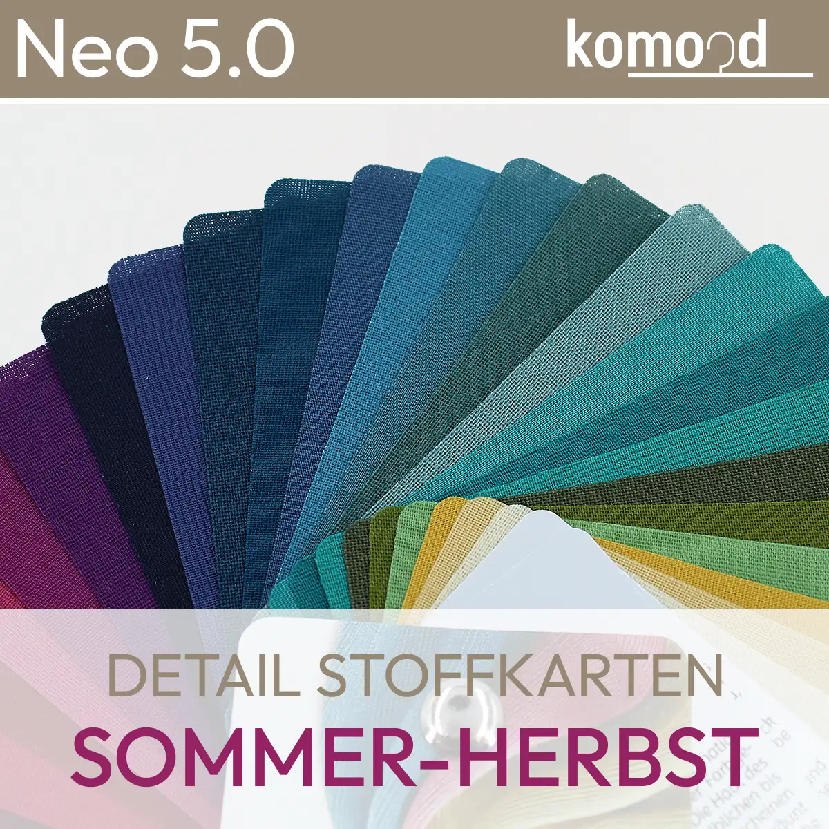 Vue détaillée des cartes de tissus du nuancier de tissus Neo 5.0 été-automne. komood.shop.