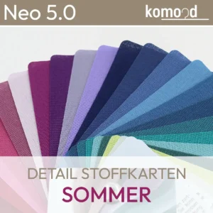 Vue détaillée des cartes de tissus du nuancier de tissus Neo 5.0 été. komood.shop.