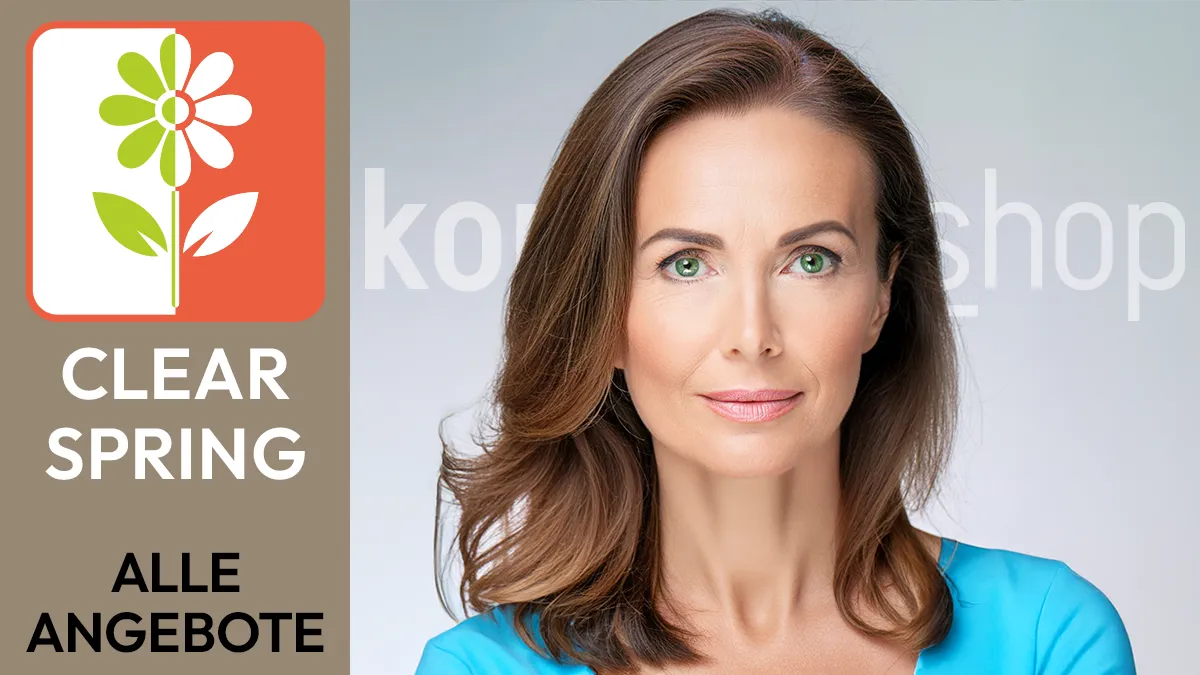 the portrait of a woman with brown hair whose facial features correspond to the colour type Clear Spring next to the Komood symbol for the colour type Clear Spring and the text Clear Spring All offers.