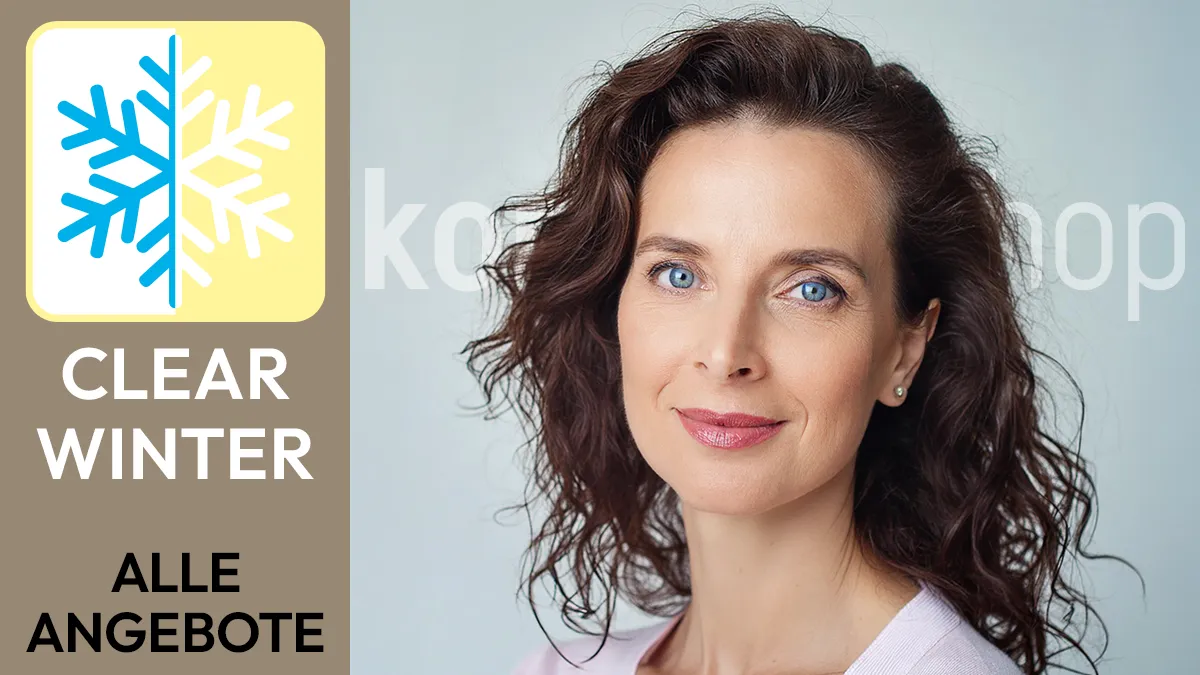 the portrait of a woman with brown hair whose facial features correspond to the colour type Clear Winter next to the Komood symbol for the colour type Clear Winter and the text Clear Winter All offers.