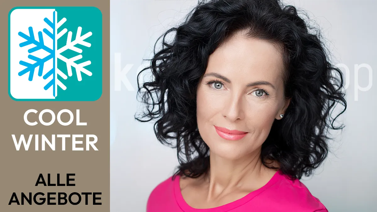 the portrait of a woman with black hair whose facial features correspond to the Cool Winter colour type next to the Komood symbol for the Cool Winter colour type and the text Cool Winter All offers.
