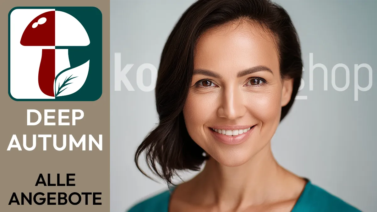 the portrait of a woman with dark brown hair whose facial features correspond to the colour type Deep Autumn next to the Komood symbol for the colour type Deep Autumn and the text Deep Autumn All offers.