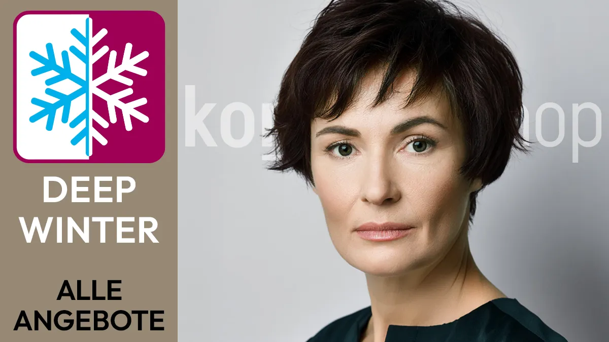 the portrait of a woman with dark brown hair whose facial features correspond to the colour type Deep Winter next to the Komood symbol for the colour type Deep Winter and the text Deep Winter All offers.