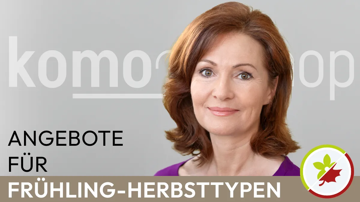 le portrait d'une femme souriante aux cheveux brun-roux dont les caractéristiques du visage correspondent au type de couleur printemps-automne à côté du symbole Komood pour le type de couleur printemps-automne et du texte Offres pour les types de couleur printemps-automne