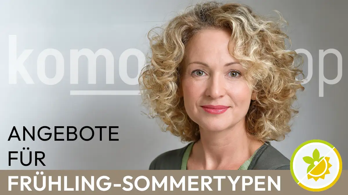 the portrait of a woman with blonde curls whose facial features correspond to the spring-summer colour type next to the Komood symbol for the spring-summer colour type and the text Offers for spring-summer types
