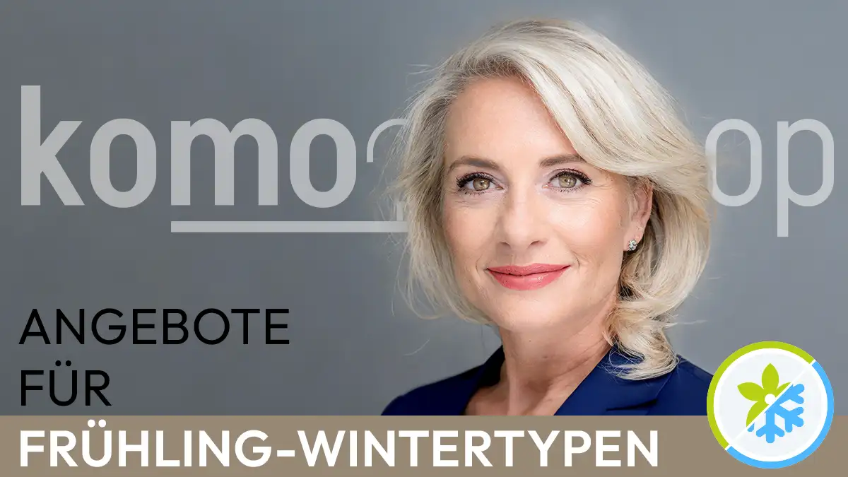 the portrait of a smiling woman with white-blonde hair whose facial features correspond to the spring-winter colour type next to the Komood symbol for the spring-winter colour type and the text offers for spring-winter types