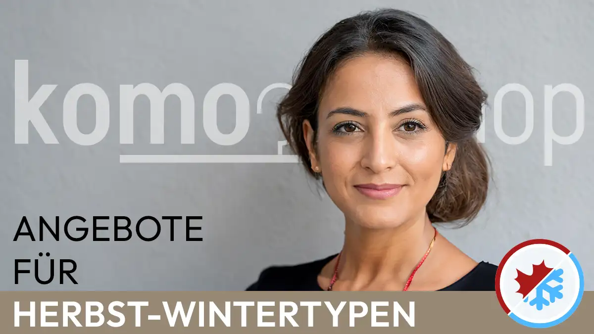 the portrait of a southern-looking woman with long dark hair whose facial features correspond to the autumn-winter colour type next to the Komood symbol for the autumn-winter colour type and the text Offers for autumn-winter types