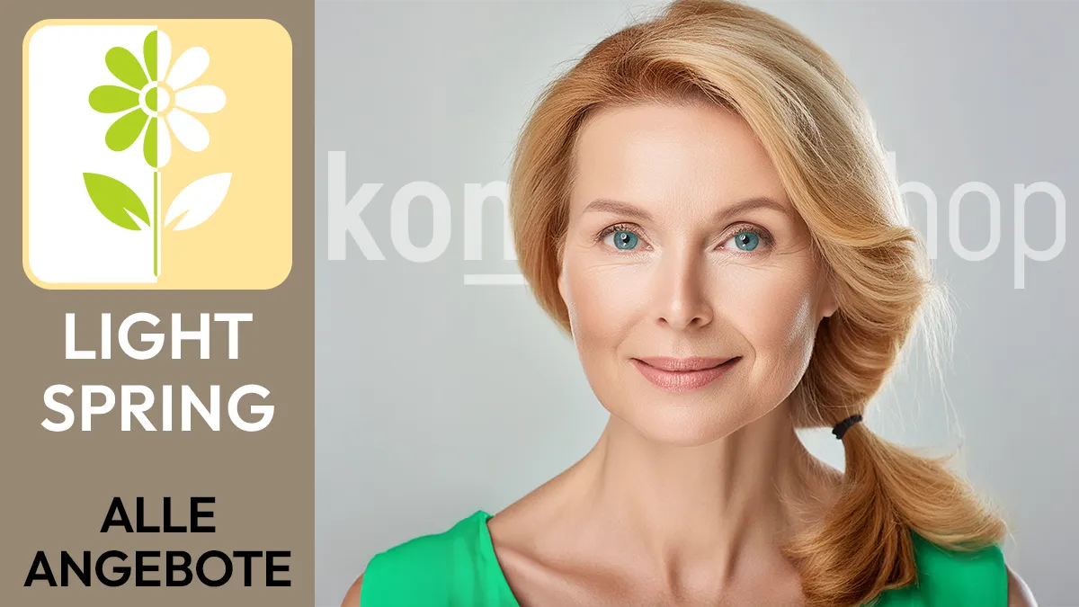 the portrait of a woman with blonde hair whose facial features correspond to the colour type Light Spring next to the Komood symbol for the colour type Light Spring and the text Light Spring All offers.