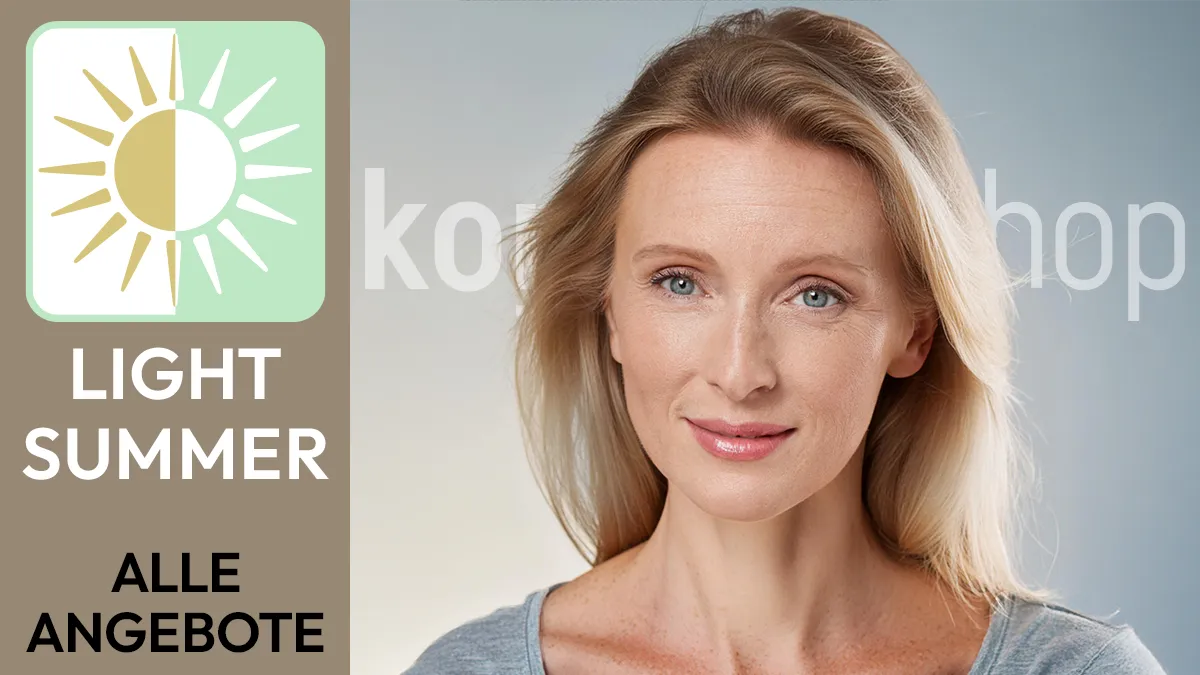 the portrait of a woman with blonde hair whose facial features correspond to the colour type Light Summer next to the Komood symbol for the colour type Light Summer and the text Light Summer All offers.