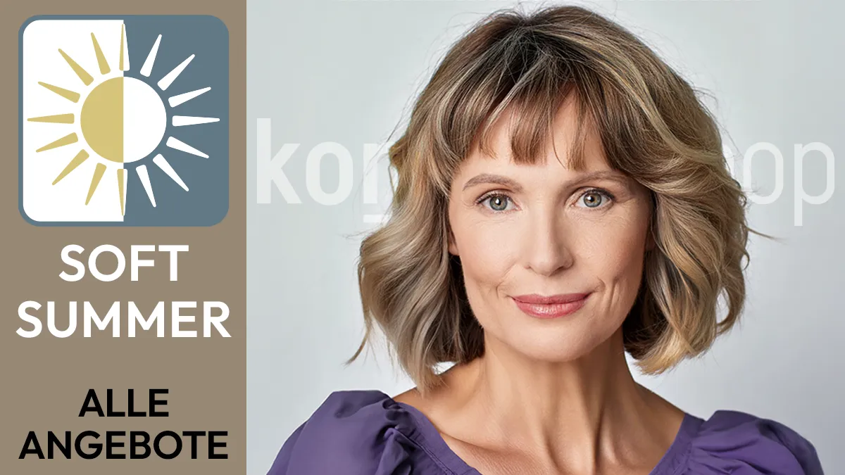 the portrait of a woman with medium blonde hair whose facial features correspond to the Soft Summer colour type next to the Komood symbol for the Soft Summer colour type and the text Soft Summer All offers.