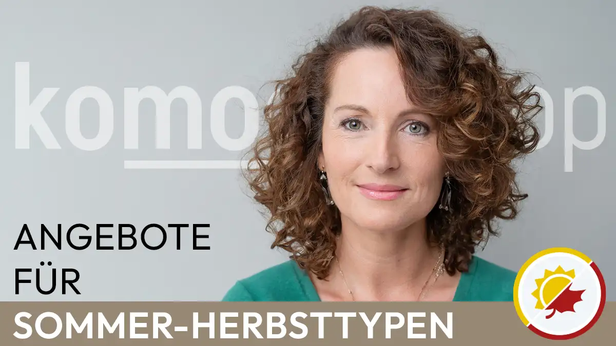 the portrait of a woman with brown curls whose facial features correspond to the summer-autumn colour type next to the Komood symbol for the summer-autumn colour type and the text Offers for summer-autumn types