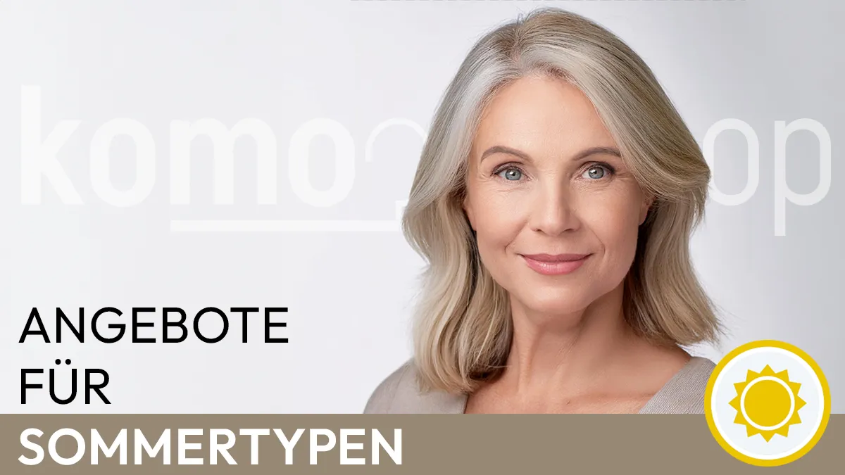 the portrait of a smiling woman with ash-blonde hair whose facial features correspond to the summer colour type next to the Komood symbol for the summer colour type and the text Offers for summer types