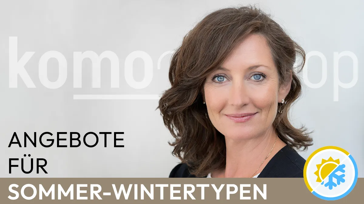 the portrait of a smiling woman with ash-brown hair whose facial features correspond to the summer-winter colour type next to the Komood symbol for the summer-winter colour type and the text Offers for summer-winter types