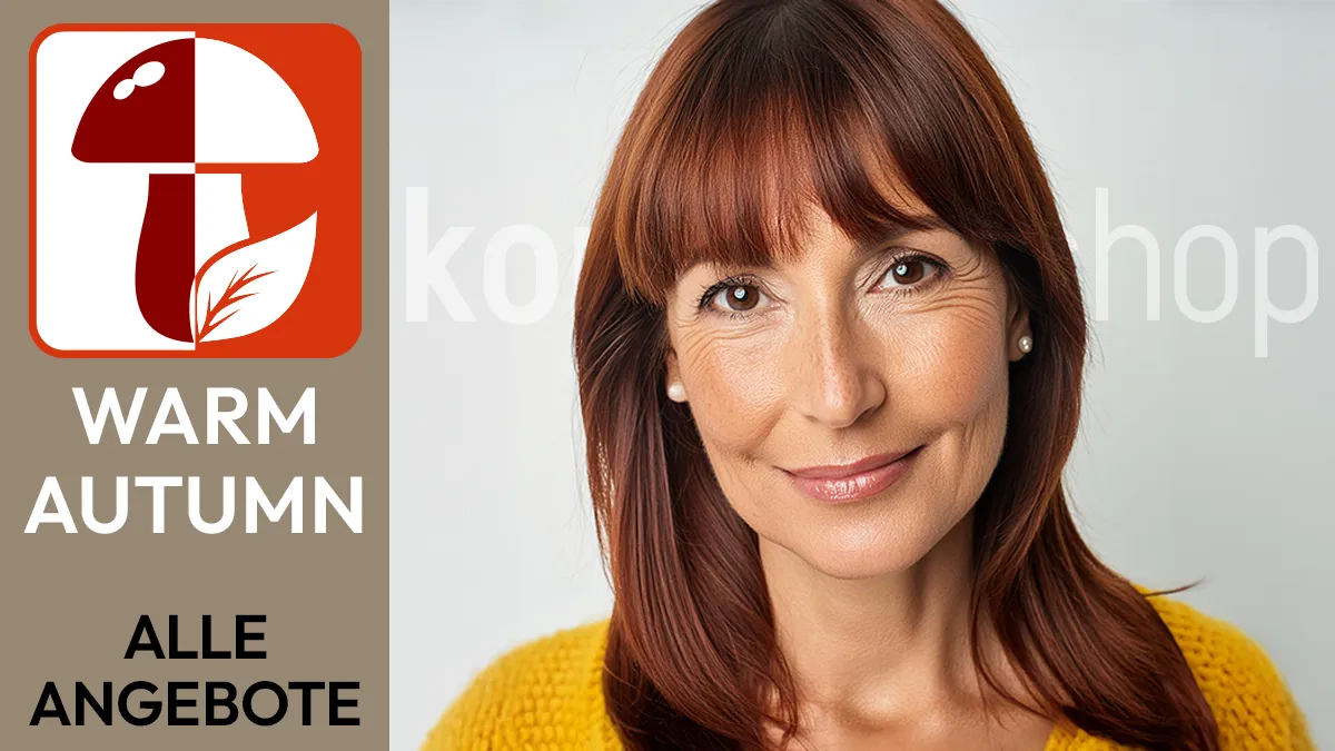 the portrait of a woman with chestnut brown hair whose facial features correspond to the Warm Autumn colour type next to the Komood symbol for the Warm Autumn colour type and the text Warm Autumn All offers.