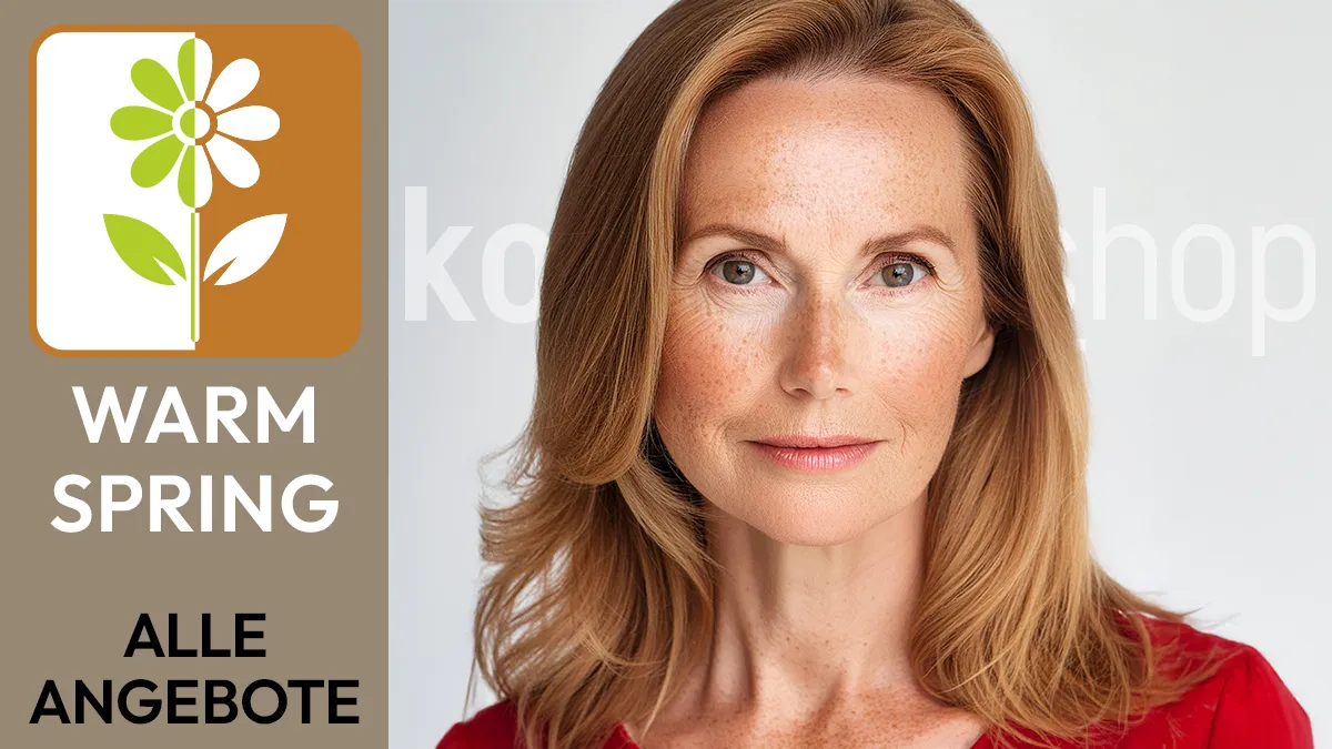 the portrait of a woman with natural red hair whose facial features correspond to the Warm Spring colour type next to the Komood symbol for the Warm Spring colour type and the text Warm Spring All offers.