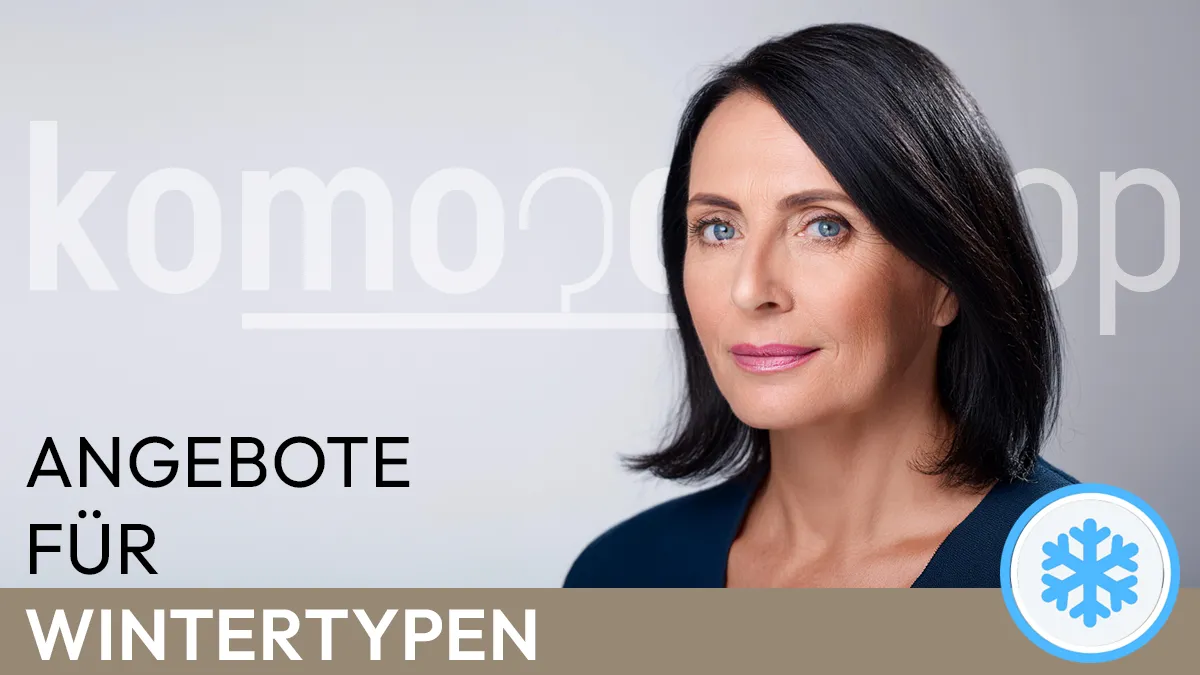 the portrait of a black-haired woman whose facial features correspond to the winter colour type next to the Komood symbol for the winter colour type and the text Offers for winter types