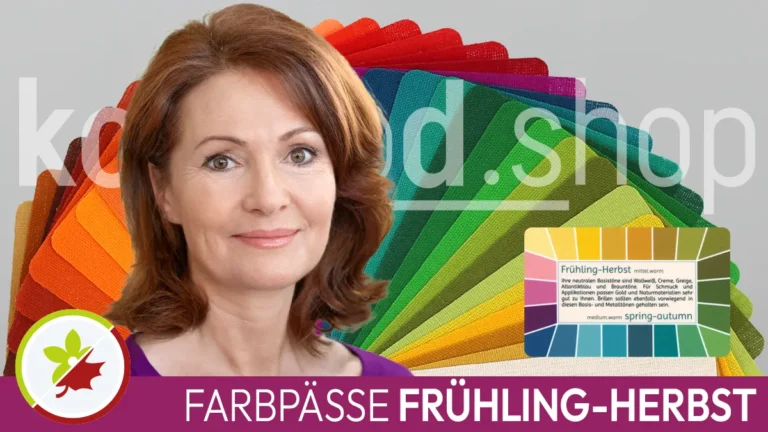 the portrait of a woman with reddish-brown hair and the typical facial features of a spring-autumn type next to a Loop series card colour passport in front of an open Neo series colour fan and the Komood symbol for the spring-autumn colour type and the inscription Spring-autumn colour passports