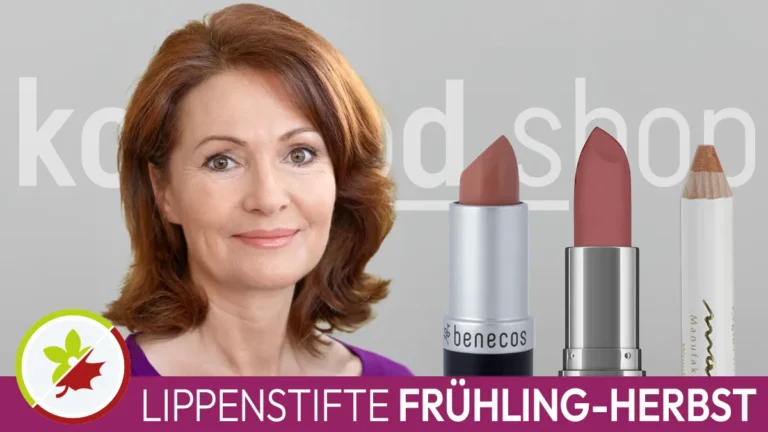 the portrait of a woman with reddish-brown hair and the typical facial features of a spring-autumn type next to three open lipsticks in suitable colours in front of the Komood symbol for the spring-autumn colour type and the inscription Lipsticks spring-autumn