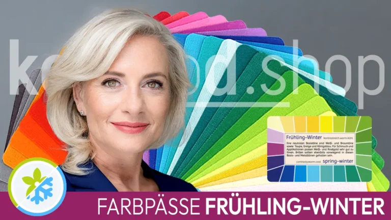 The portrait of a woman with light blonde hair and the typical facial features of a spring-winter type next to a spring-winter colour passport. In front of it is the Komood symbol for the spring-winter colour type and the inscription Spring-winter colour passports.