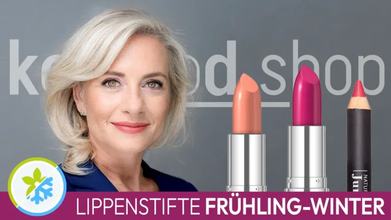 The portrait of a woman with light blonde hair and the typical facial features of a spring-winter type next to three lipsticks in suitable colours. In front of this is the Komood symbol for the spring-winter colour type and the inscription "Lipsticks spring-winter".