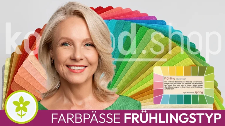 the portrait of a blonde woman with the typical facial features of a spring colour type next to a Loop series card colour passport in front of an open Neo XL series colour fan as well as the Komood symbol for the spring colour type and the inscription Spring colour passports