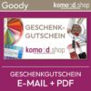 Produktabbildung für den digitalen Geschenkgutschein aus dem koood.shop. Farbpässe und Make-up umrahmen den Text Geschenk-Gutschein. komood.shop