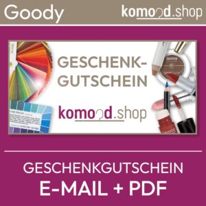 Imagen de producto para el cheque regalo digital de koood.shop. Los pases de color y el maquillaje enmarcan el texto del cheque regalo. komood.shop